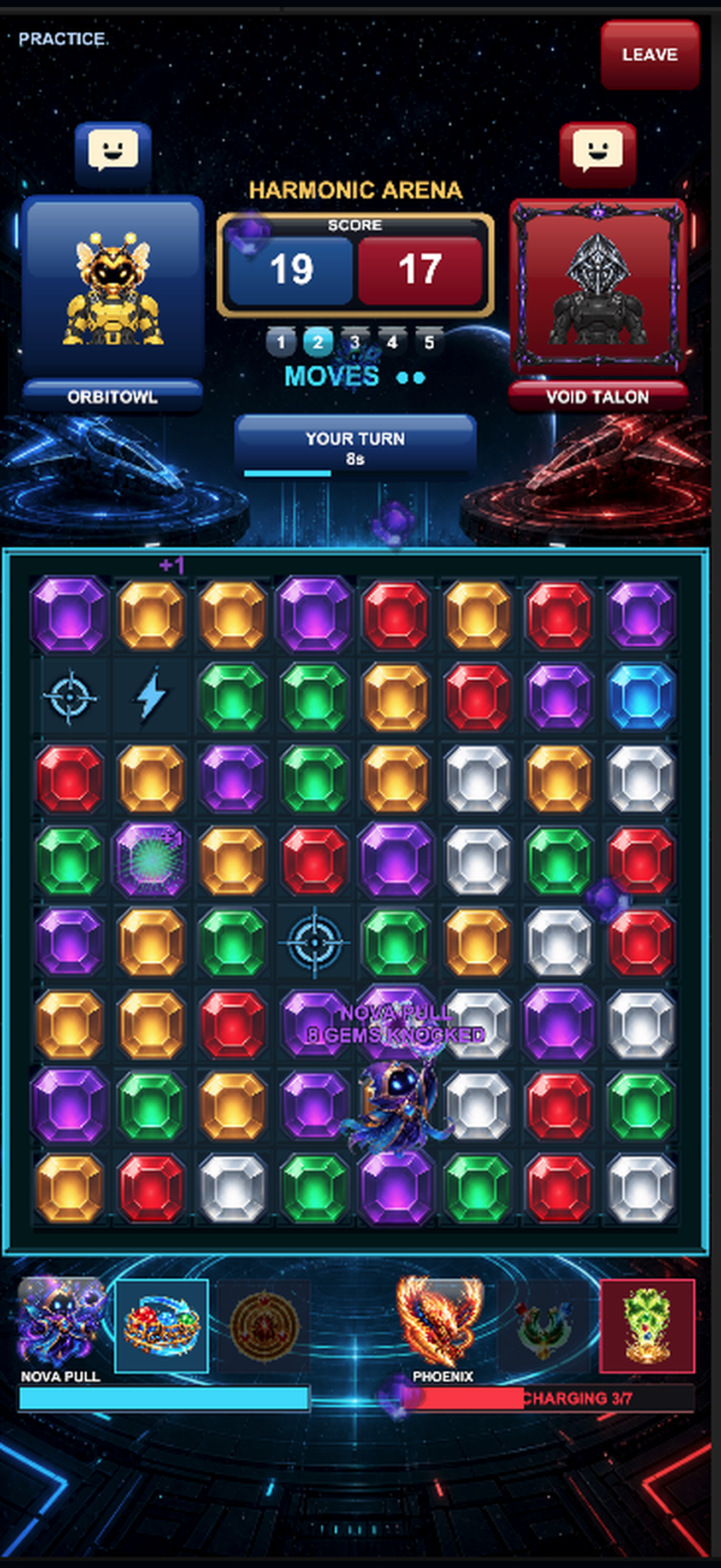 Actual Harmonic Arena match with square beveled gems and a Nova Pull booster