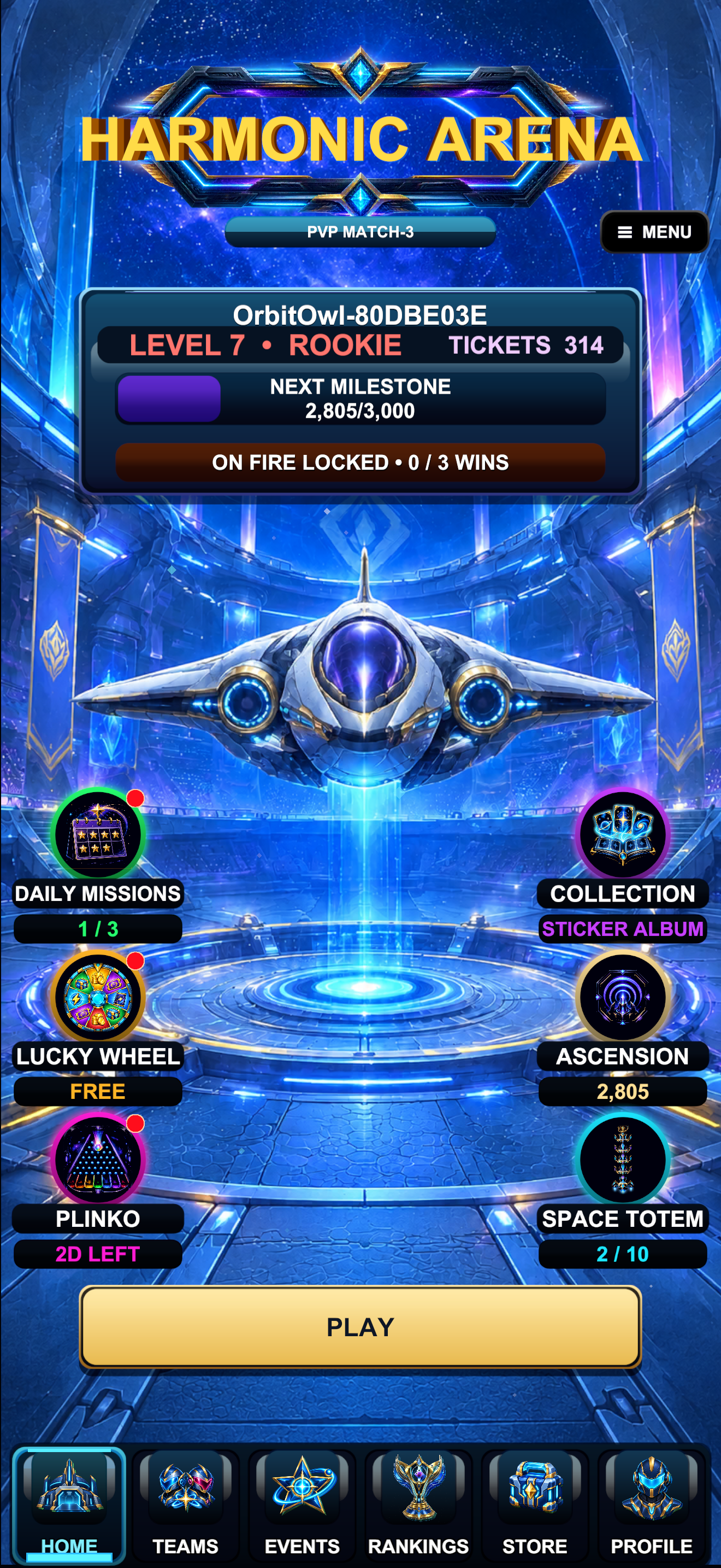 Harmonic Arena main menu with spaceship and Play button