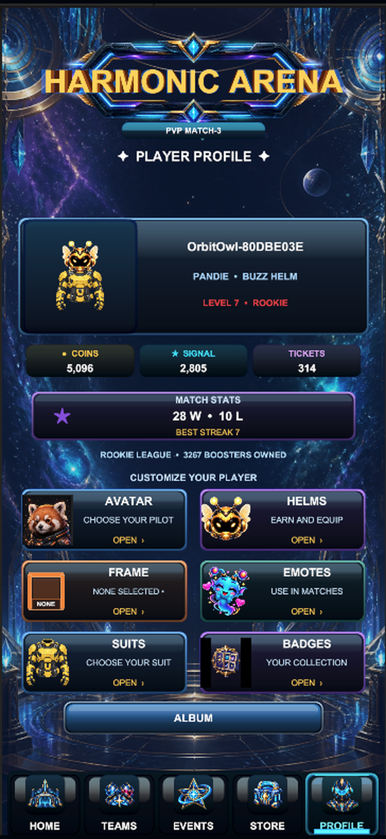 Harmonic Arena player profile and cosmetic customization